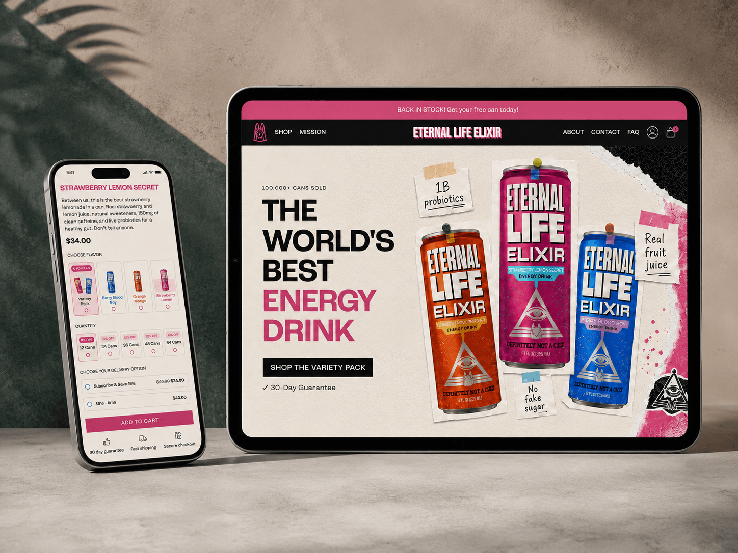 Eternal Life Elixir storefront on a tablet and phone