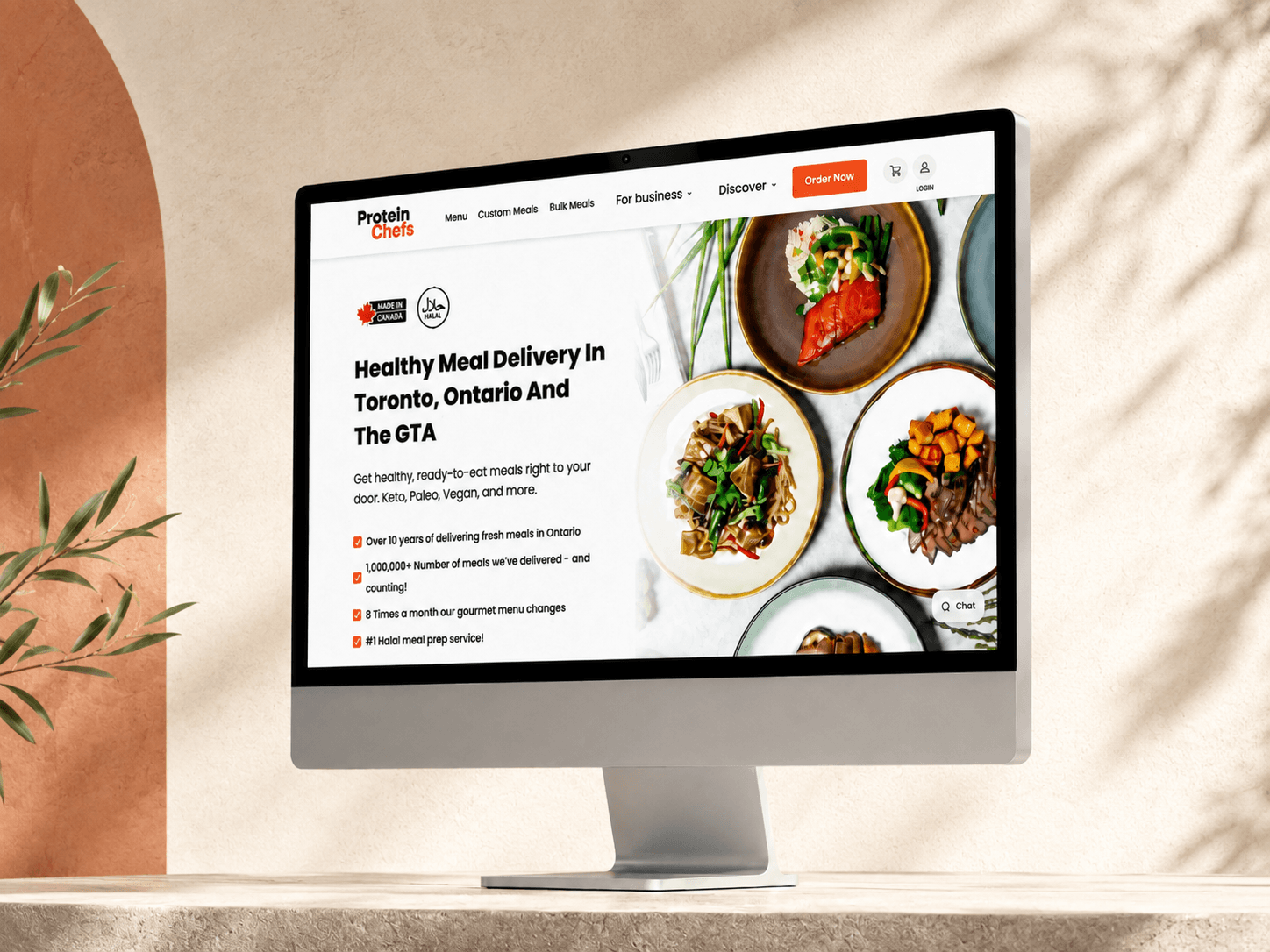 Protein Chefs meal delivery site on a desktop monitor